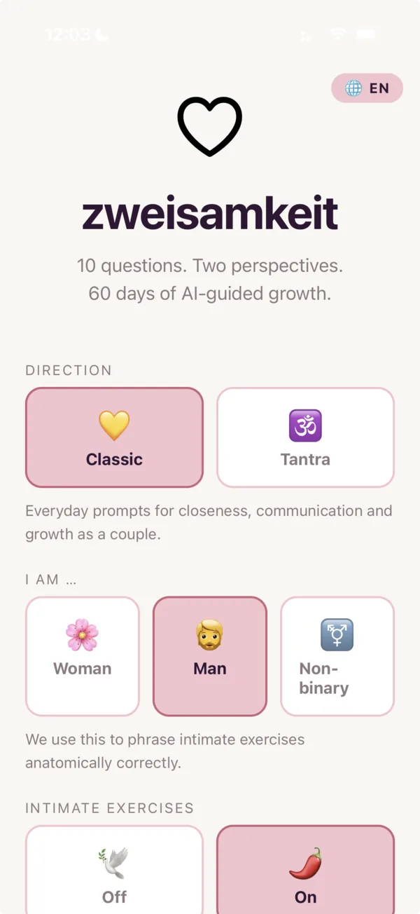duoly home screen with mode selection, intimate-exercises toggle, body profile and name field