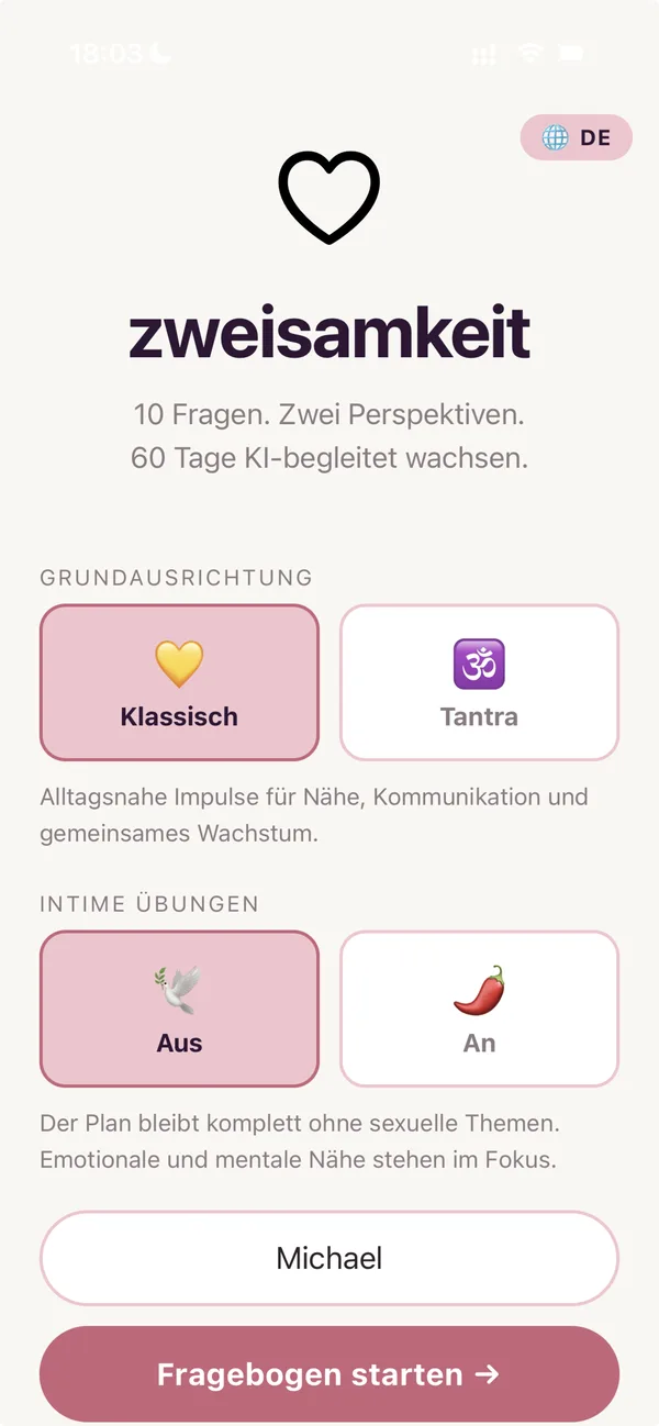 duoly Home-Screen mit Modus-Auswahl, Intim-Übungen-Toggle, Körperprofil und Namensfeld