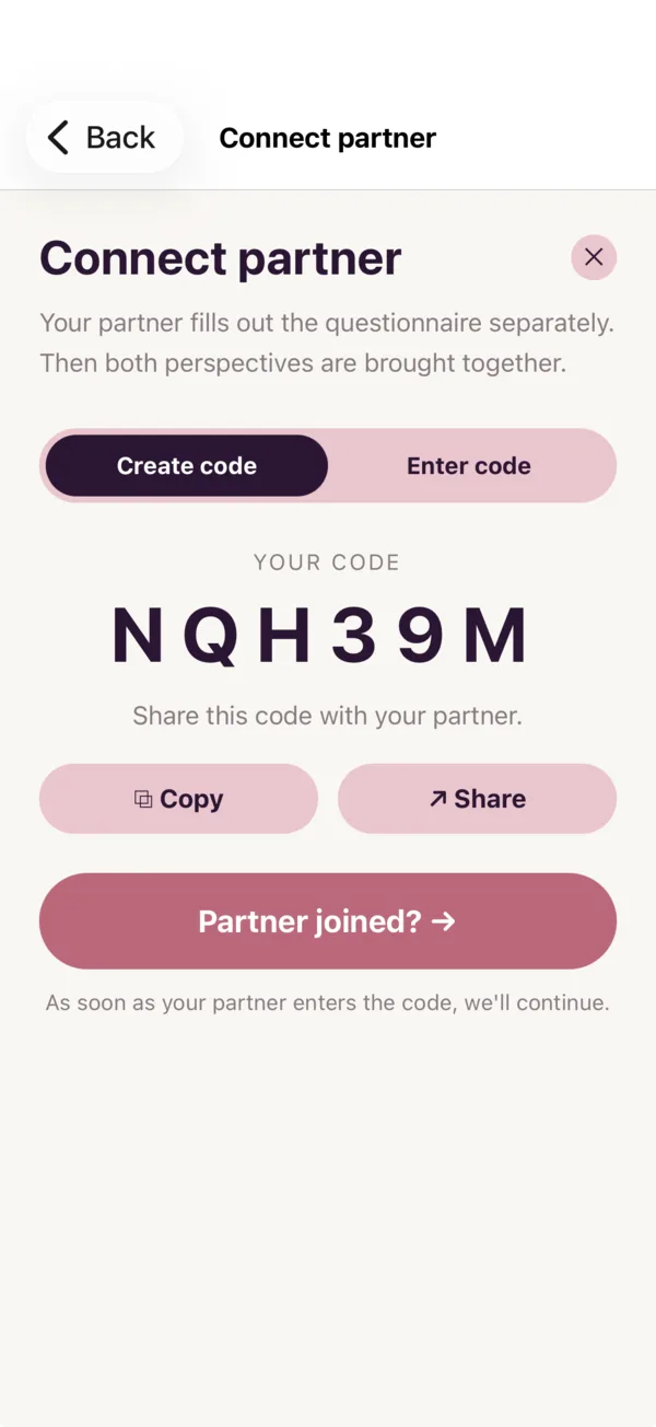 Partner-linking screen with a generated code (NQH39M) ready to share