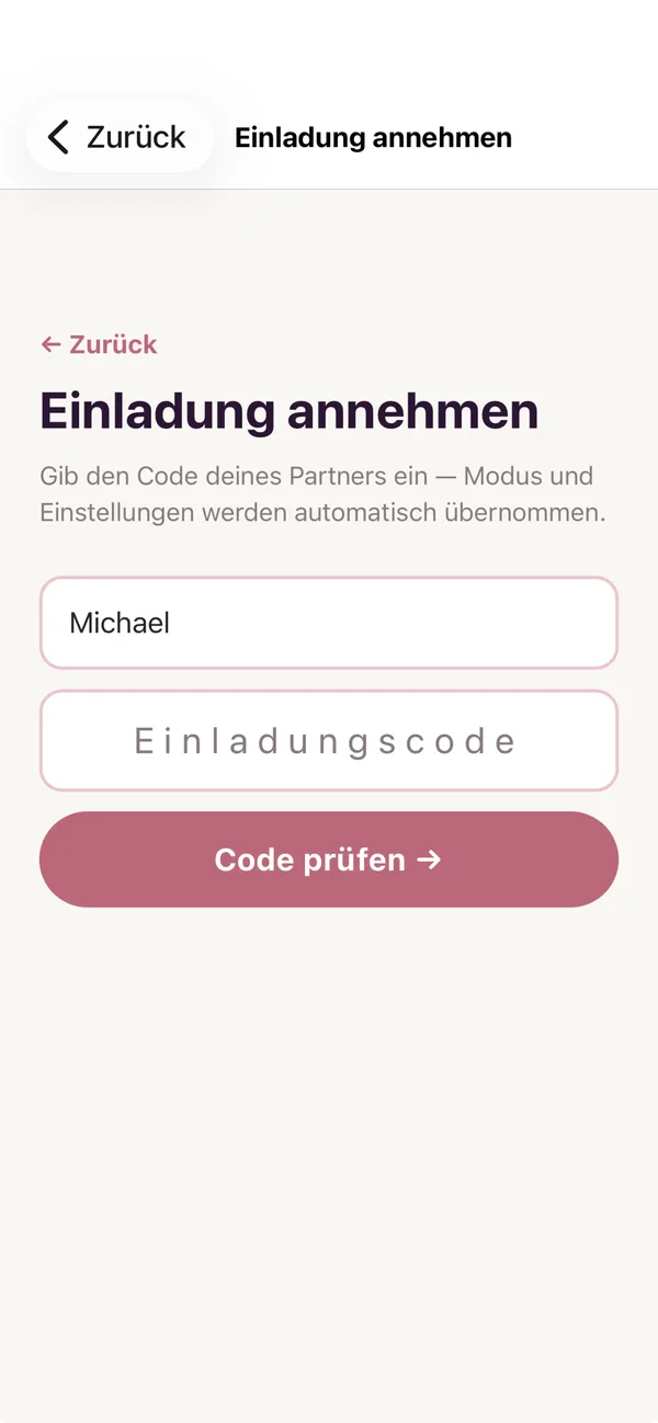 Screen zum Beitreten mit Vornamen- und Code-Eingabefeld