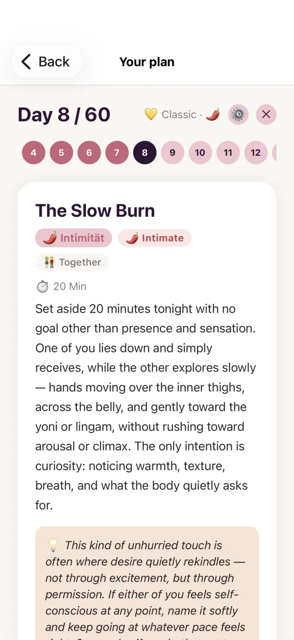 Daily-task screen showing title, description and a tip