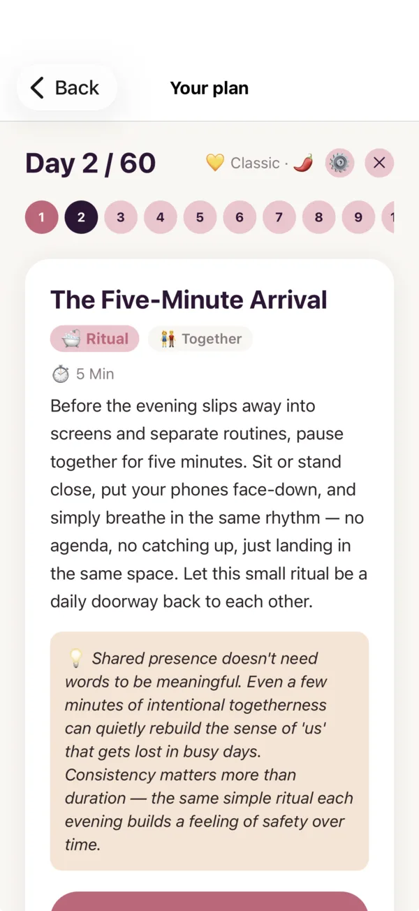 Daily task with title, description, tip and the Done and Different task action buttons