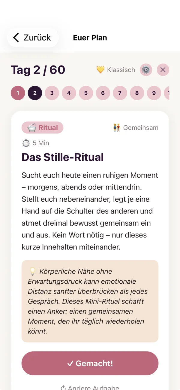 Tages-Aufgabe an Tag 2 mit Titel, Beschreibung, Tipp und den Aktionsbuttons „Gemacht“ und „Andere Aufgabe“