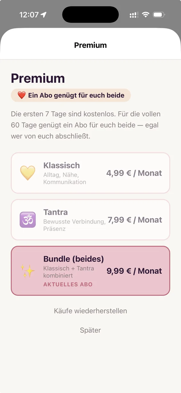 Paywall-Screen mit Klassisch-, Tantra- und Bundle-Optionen und Hinweis auf 7 Tage kostenlos